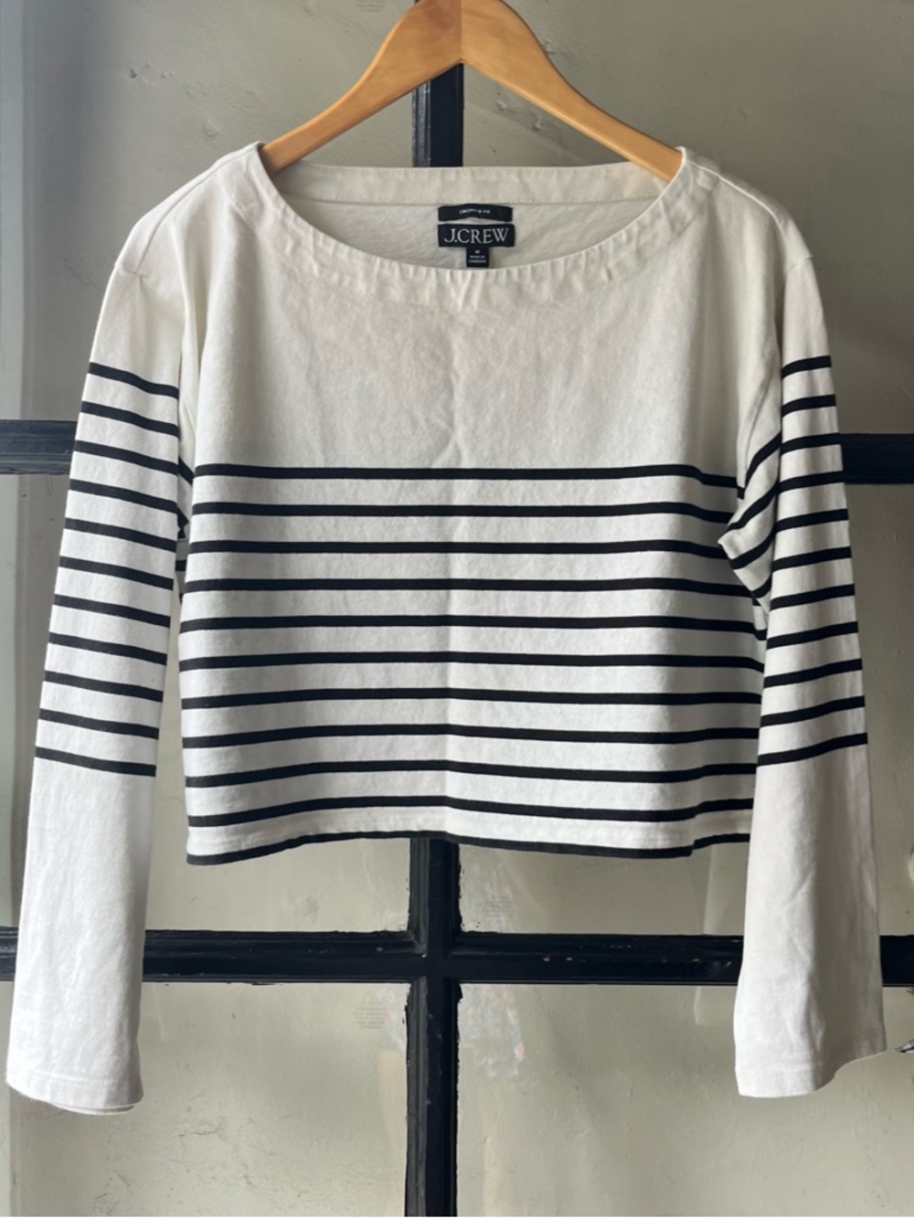 J Crew Cropped Striped Boat Neck Cotton Long Sleeve Top